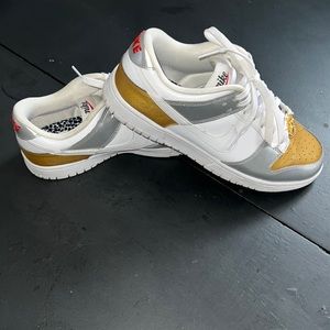 Nike Dunk Low “Heirloom” white, silver and gold sneakers. Size 9